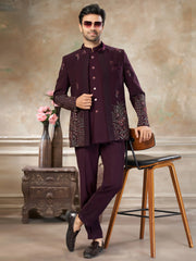 Charming Wine Embroidered Imported Reception Wear Jodhpuri Set For Men