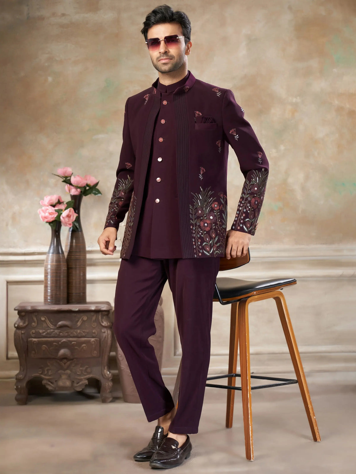 Charming Wine Embroidered Imported Reception Wear Jodhpuri Set For Men