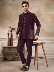 Charming Wine Embroidered Imported Reception Wear Jodhpuri Set For Men