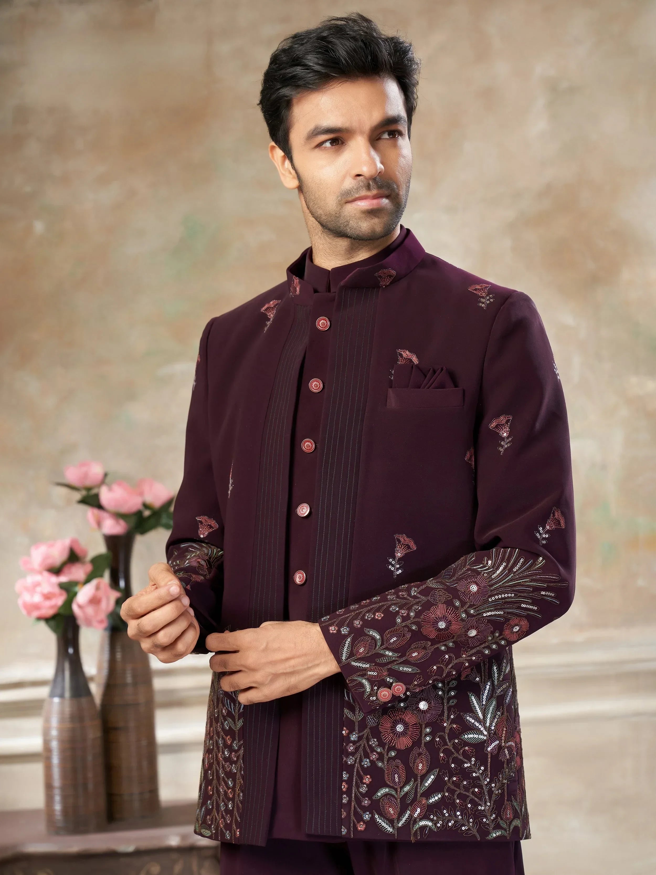 Charming Wine Embroidered Imported Reception Wear Jodhpuri Set For Men