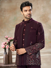 Charming Wine Embroidered Imported Reception Wear Jodhpuri Set For Men