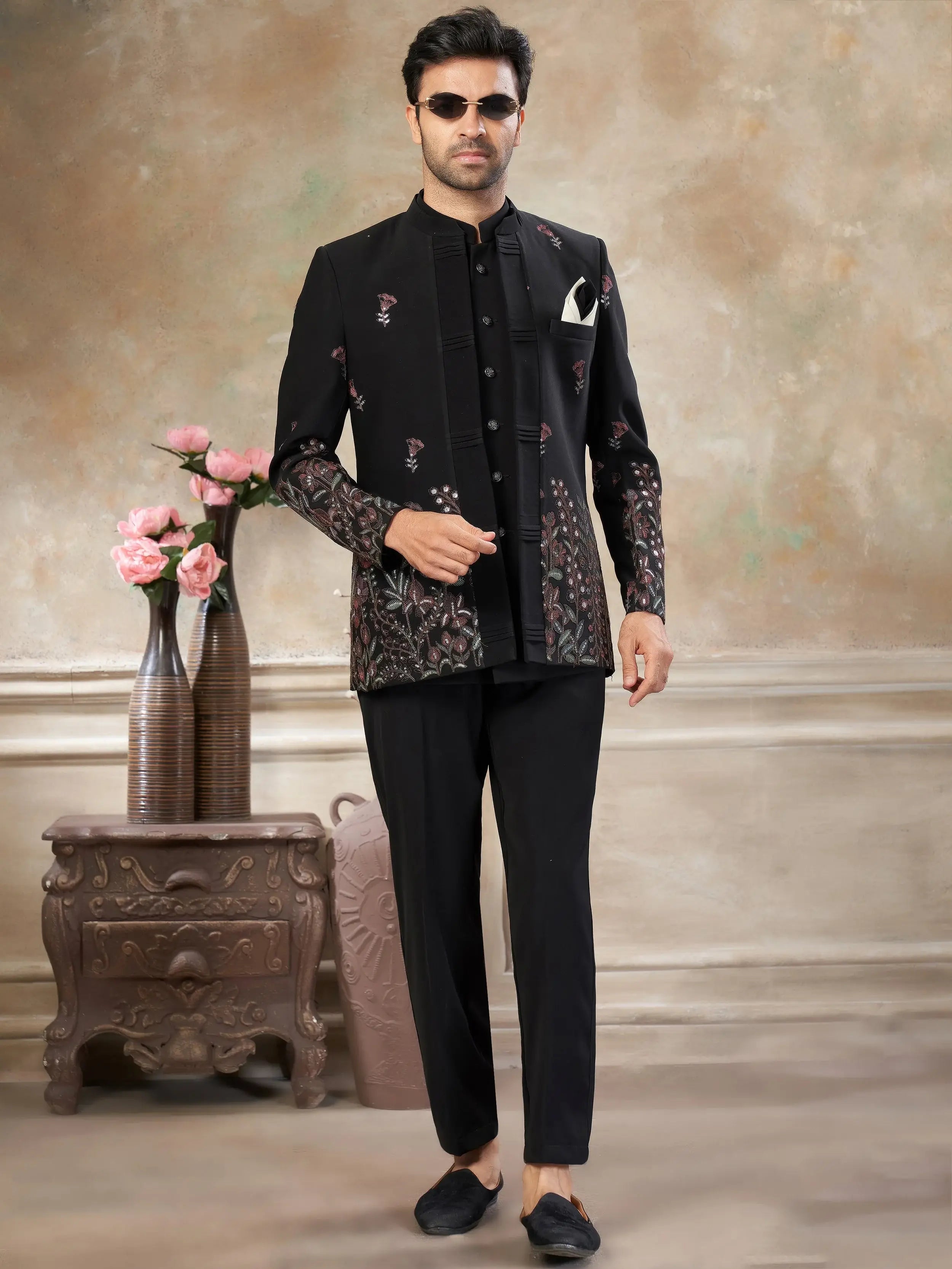 Dazzling Black Embroidered Imported Wedding Wear Jodhpuri Set For Men