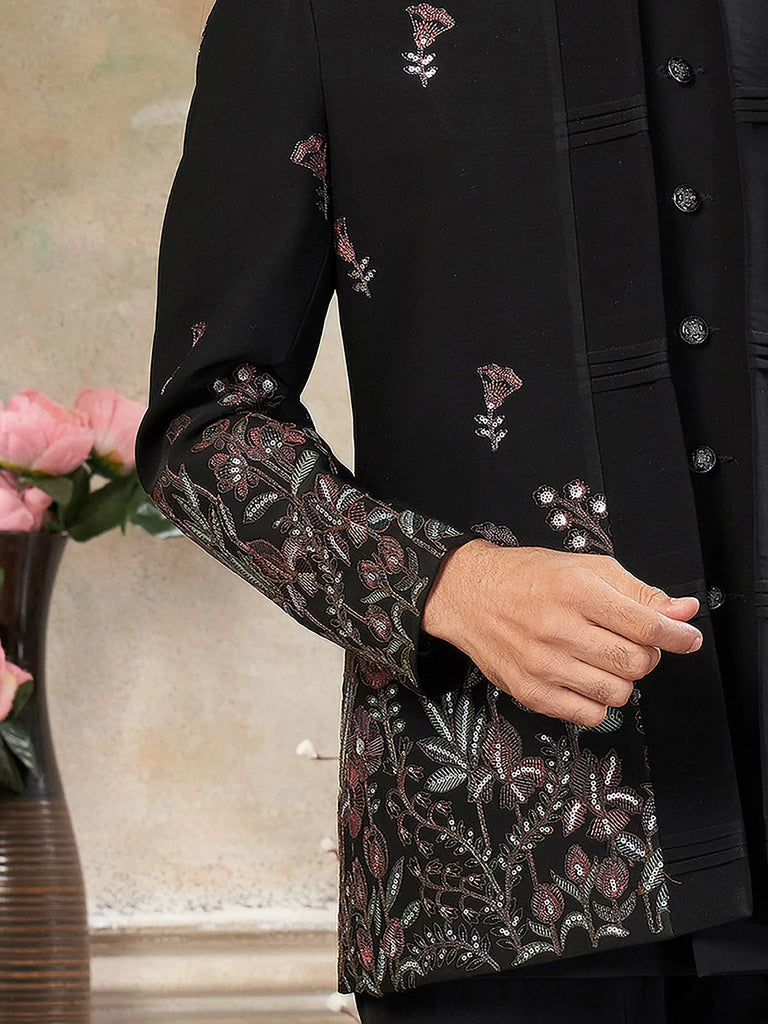 Dazzling Black Embroidered Imported Wedding Wear Jodhpuri Set For Men
