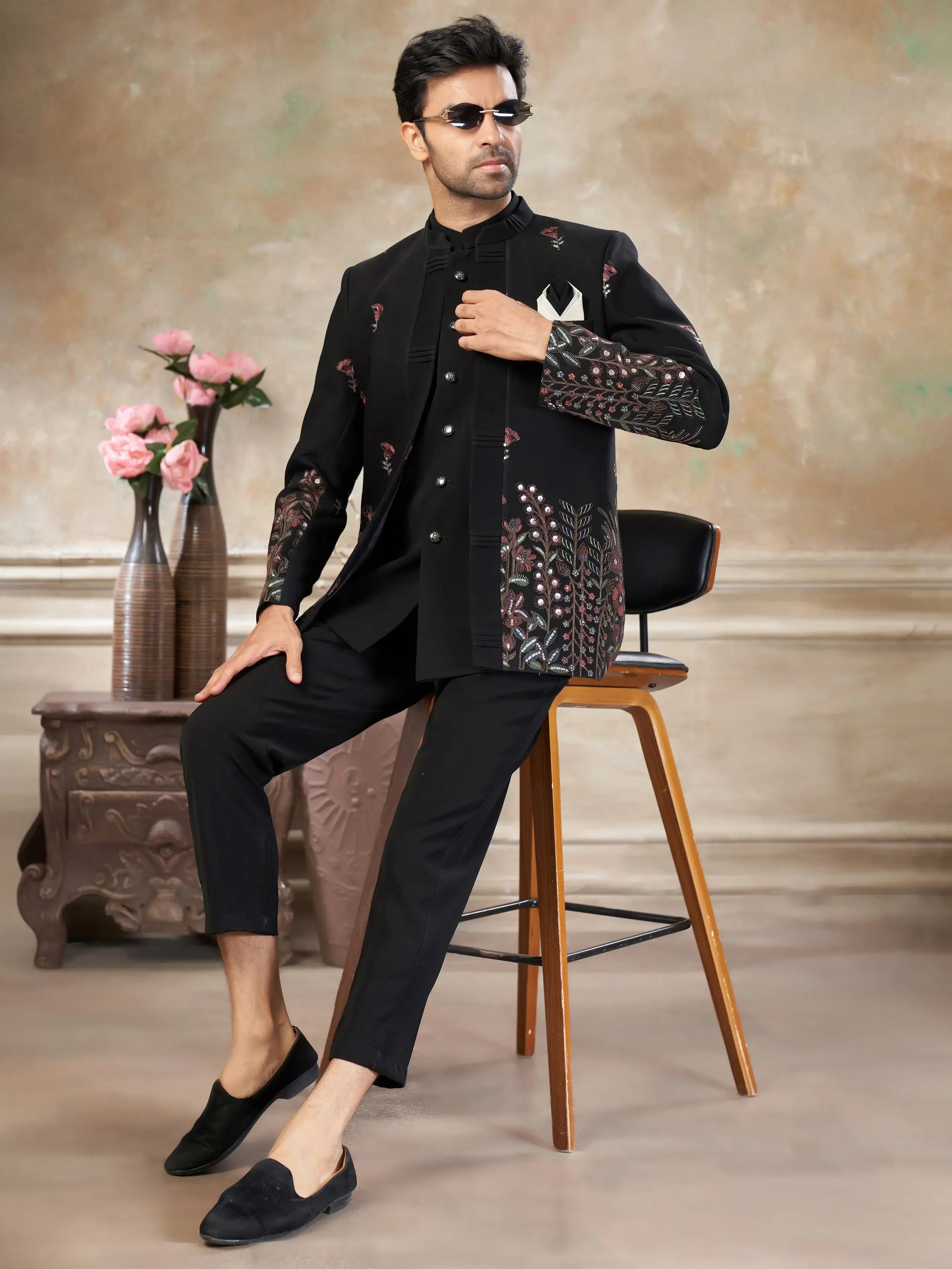 Dazzling Black Embroidered Imported Wedding Wear Jodhpuri Set For Men