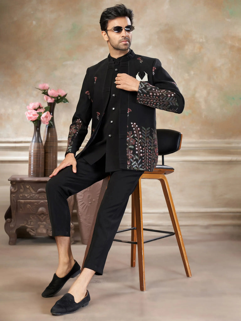 Dazzling Black Embroidered Imported Wedding Wear Jodhpuri Set For Men