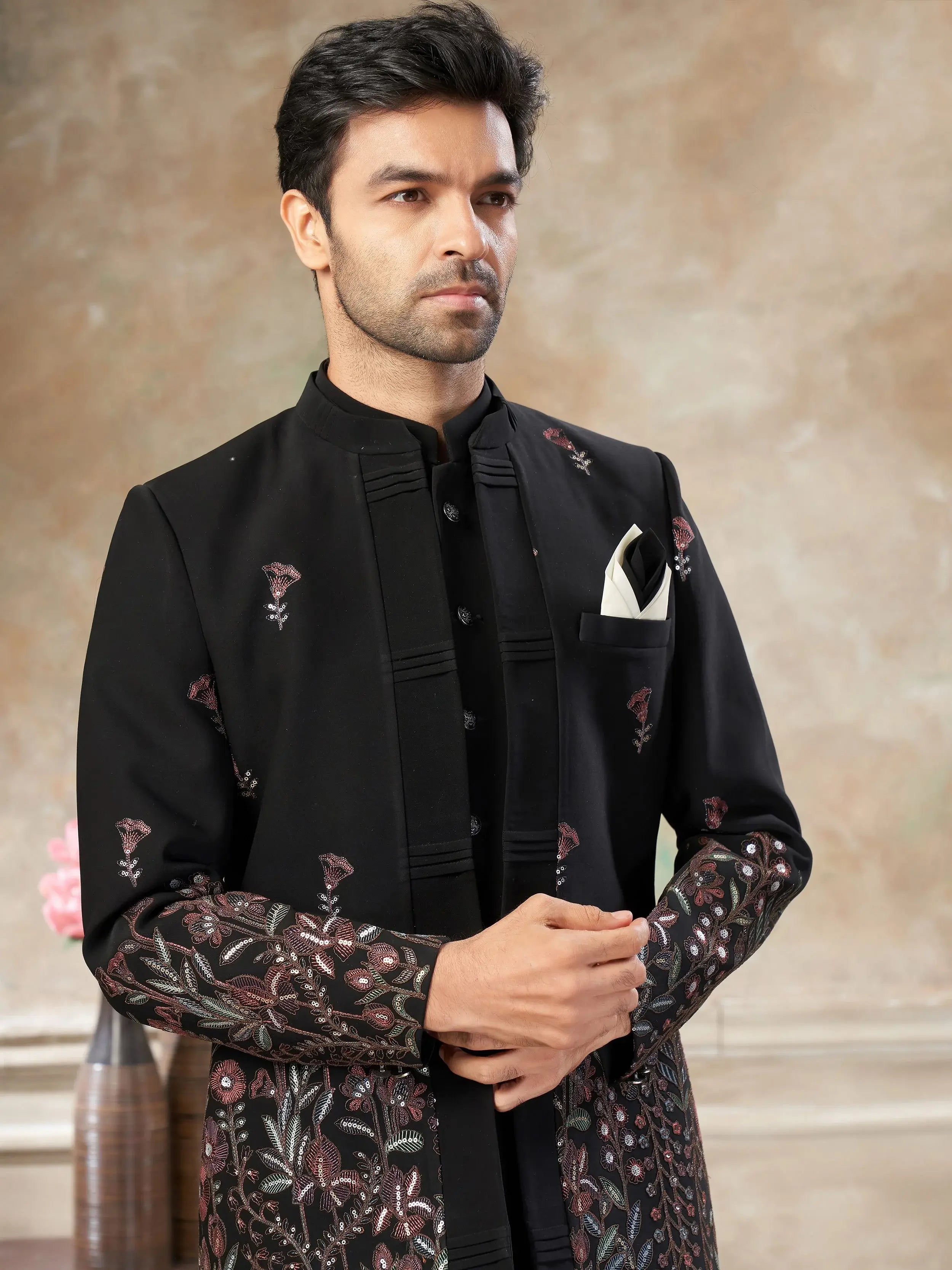 Dazzling Black Embroidered Imported Wedding Wear Jodhpuri Set For Men