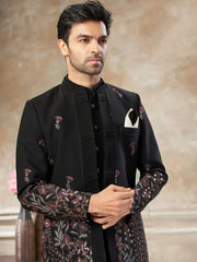 Dazzling Black Embroidered Imported Wedding Wear Jodhpuri Set For Men
