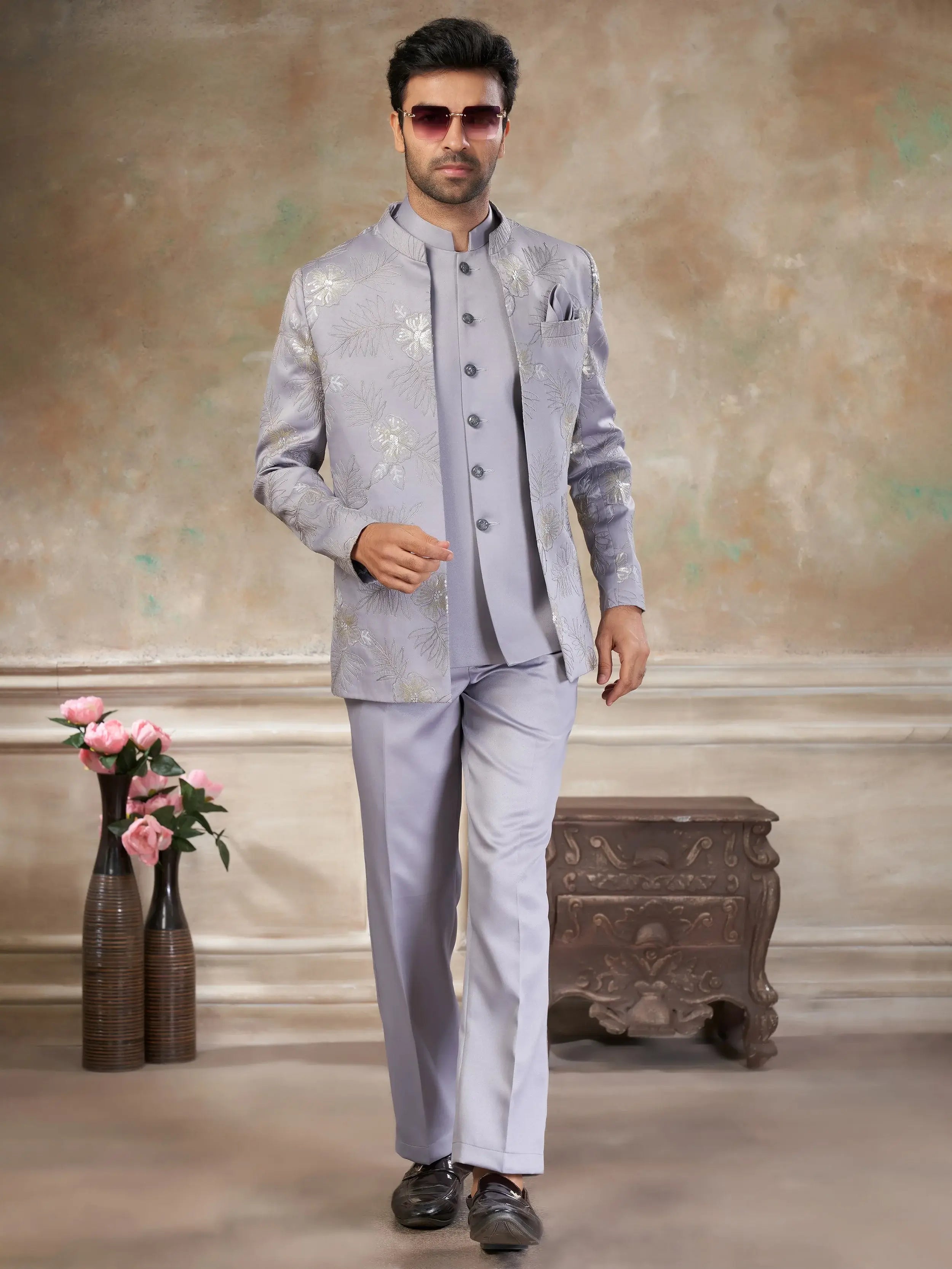 Stunning Grey Sequins Imported Party Wear Jodhpuri Set For Men