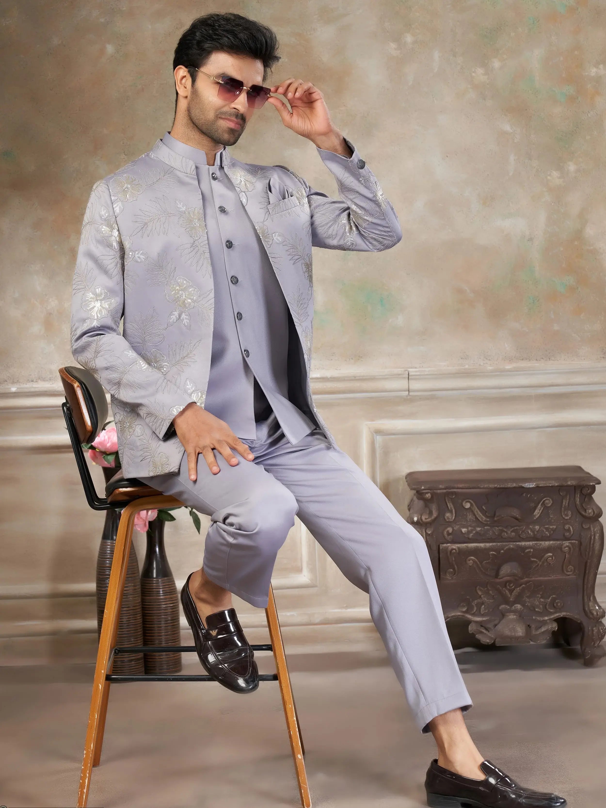 Stunning Grey Sequins Imported Party Wear Jodhpuri Set For Men