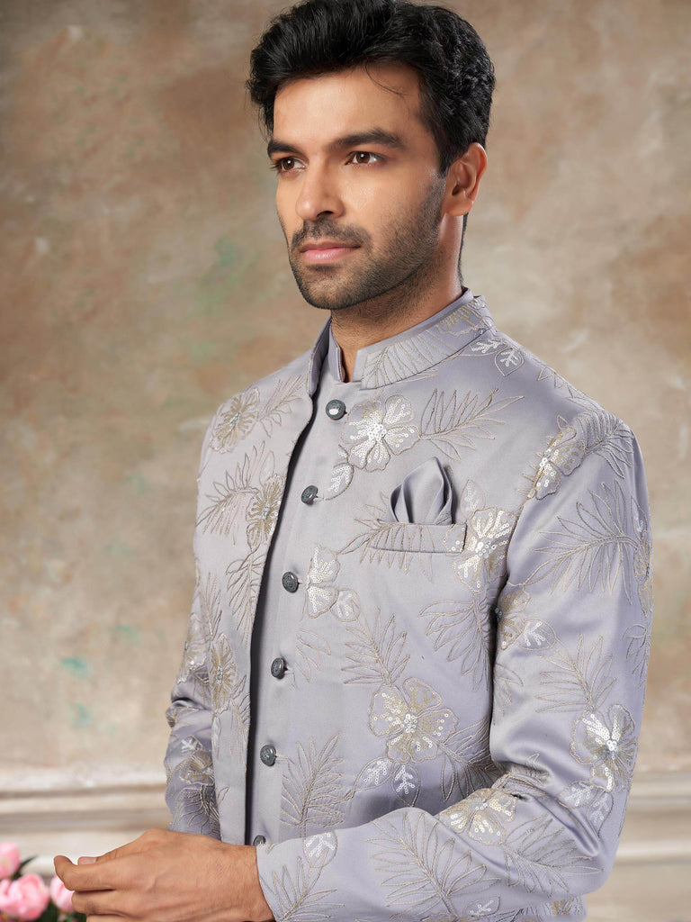 Stunning Grey Sequins Imported Party Wear Jodhpuri Set For Men