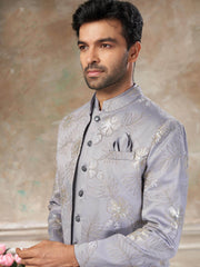 Stunning Grey Sequins Imported Party Wear Jodhpuri Set For Men