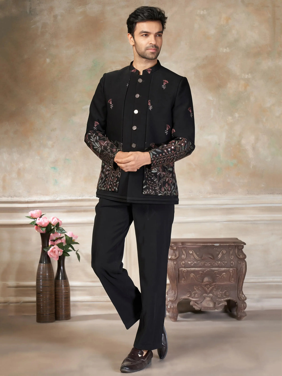Impressive Black Embroidered Imported Party Wear Jodhpuri Set For Men