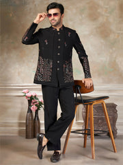 Impressive Black Embroidered Imported Party Wear Jodhpuri Set For Men