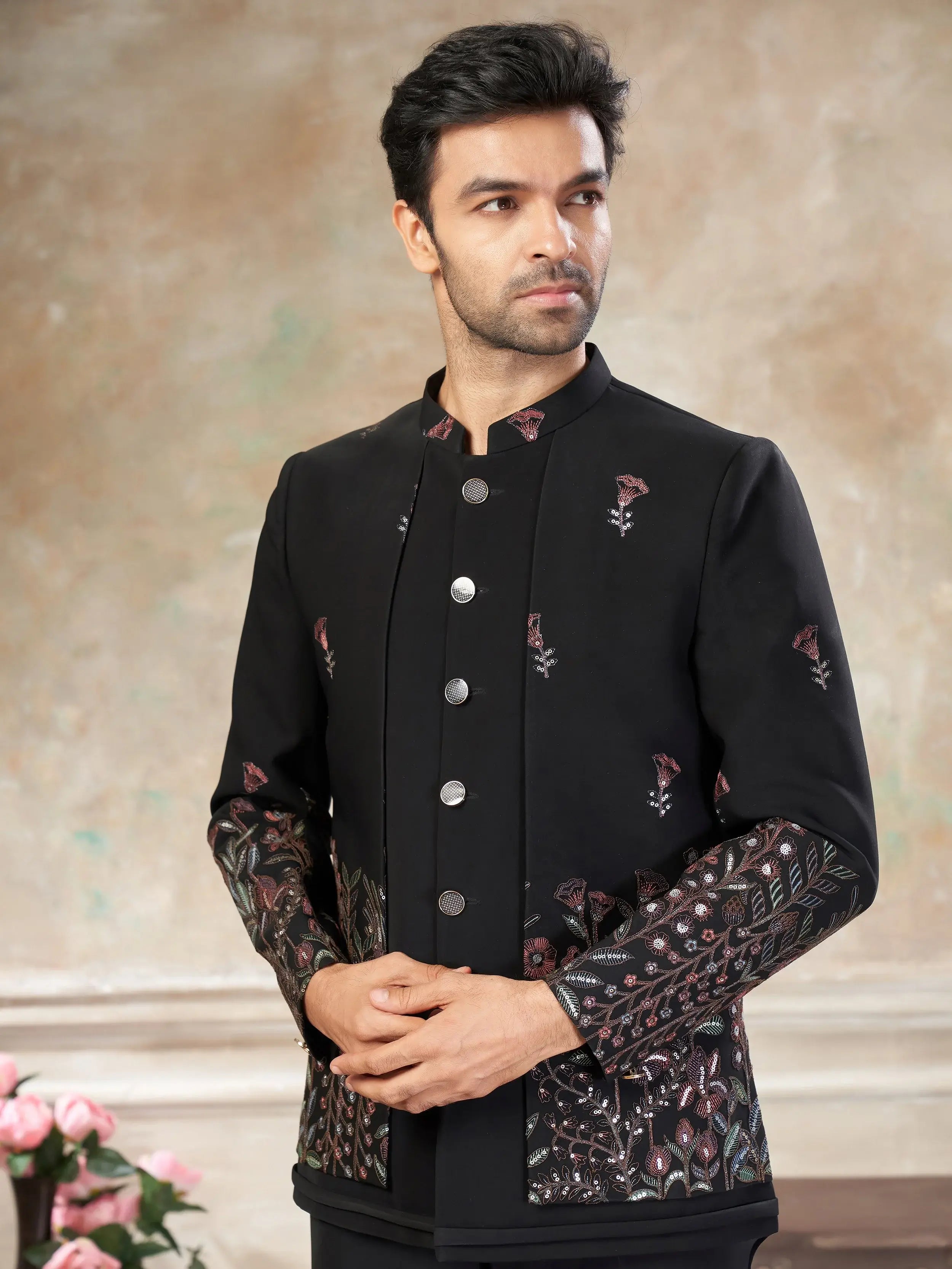 Impressive Black Embroidered Imported Party Wear Jodhpuri Set For Men