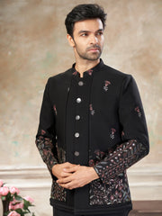 Impressive Black Embroidered Imported Party Wear Jodhpuri Set For Men