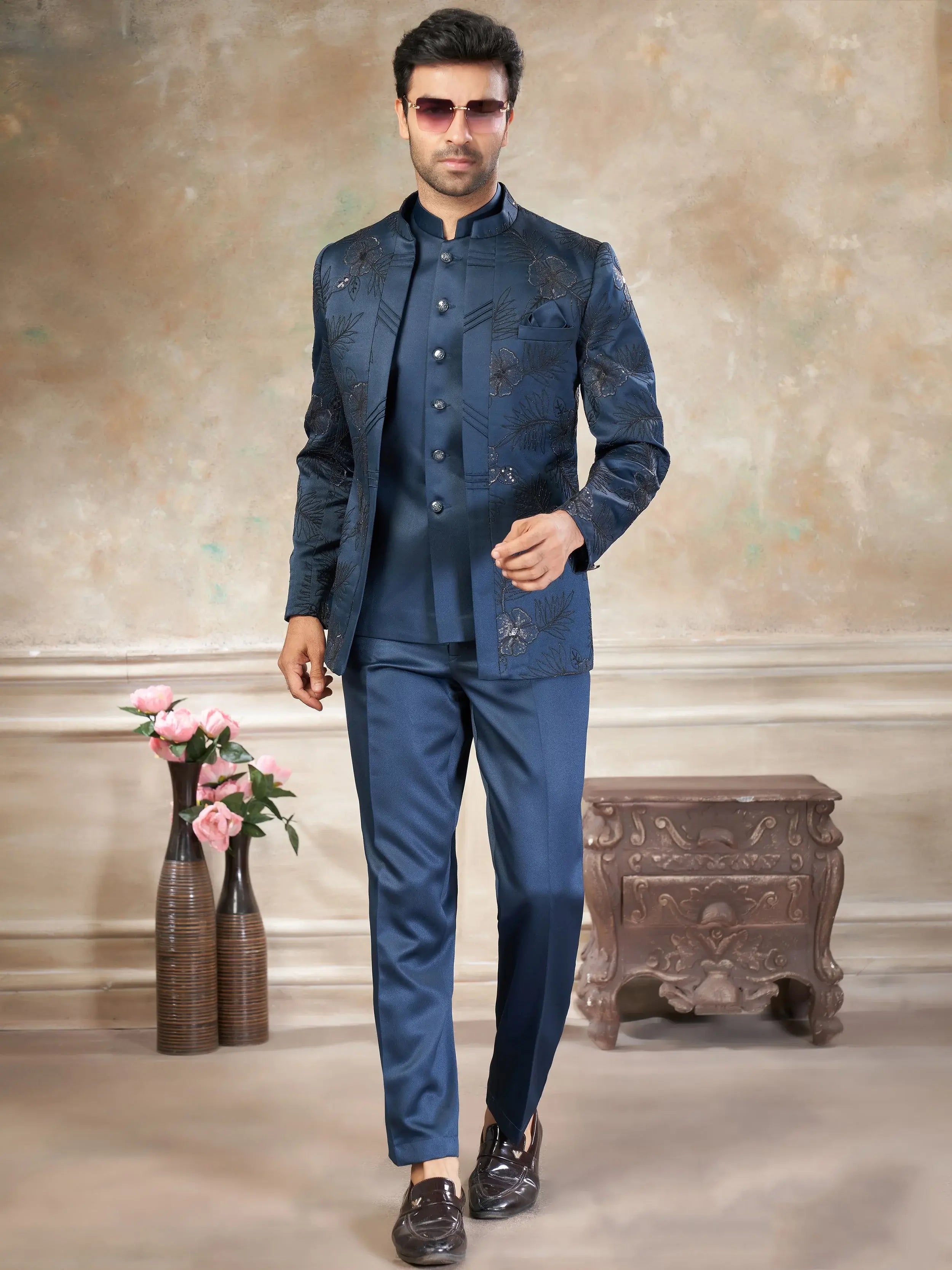 Stylish Blue Embroidered Imported Wedding Wear Jodhpuri Set For Men
