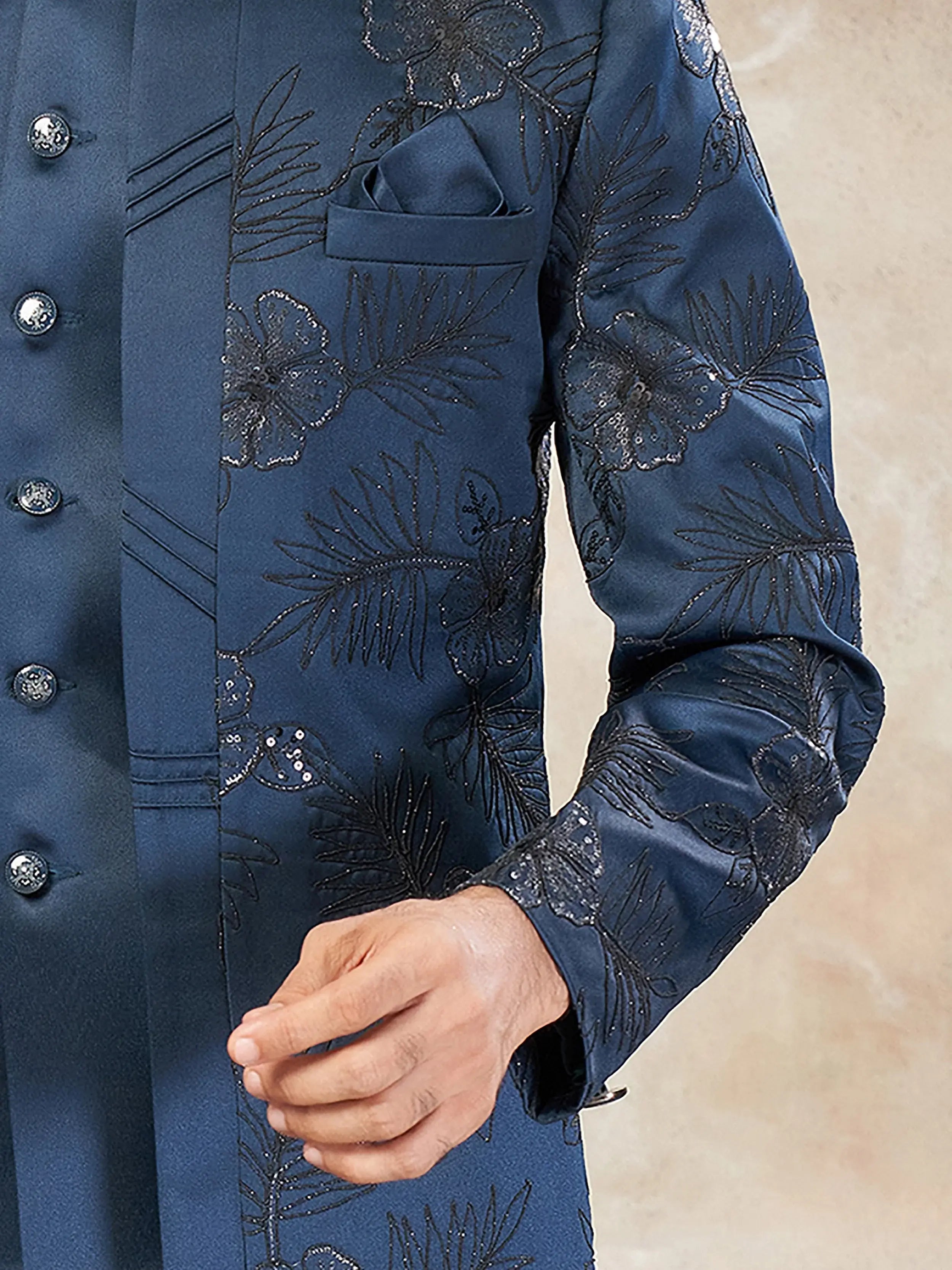 Stylish Blue Embroidered Imported Wedding Wear Jodhpuri Set For Men