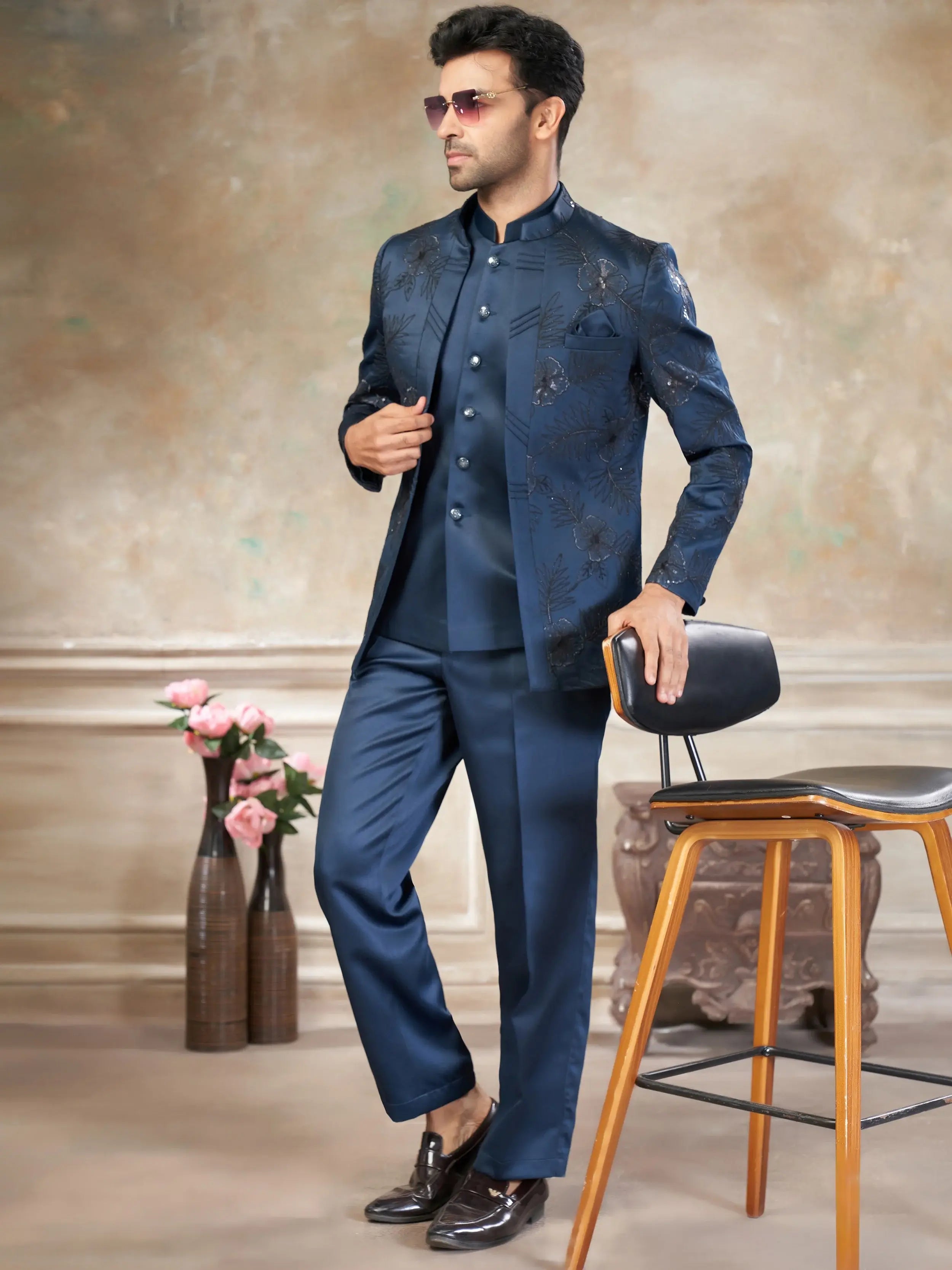 Stylish Blue Embroidered Imported Wedding Wear Jodhpuri Set For Men