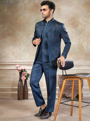 Stylish Blue Embroidered Imported Wedding Wear Jodhpuri Set For Men