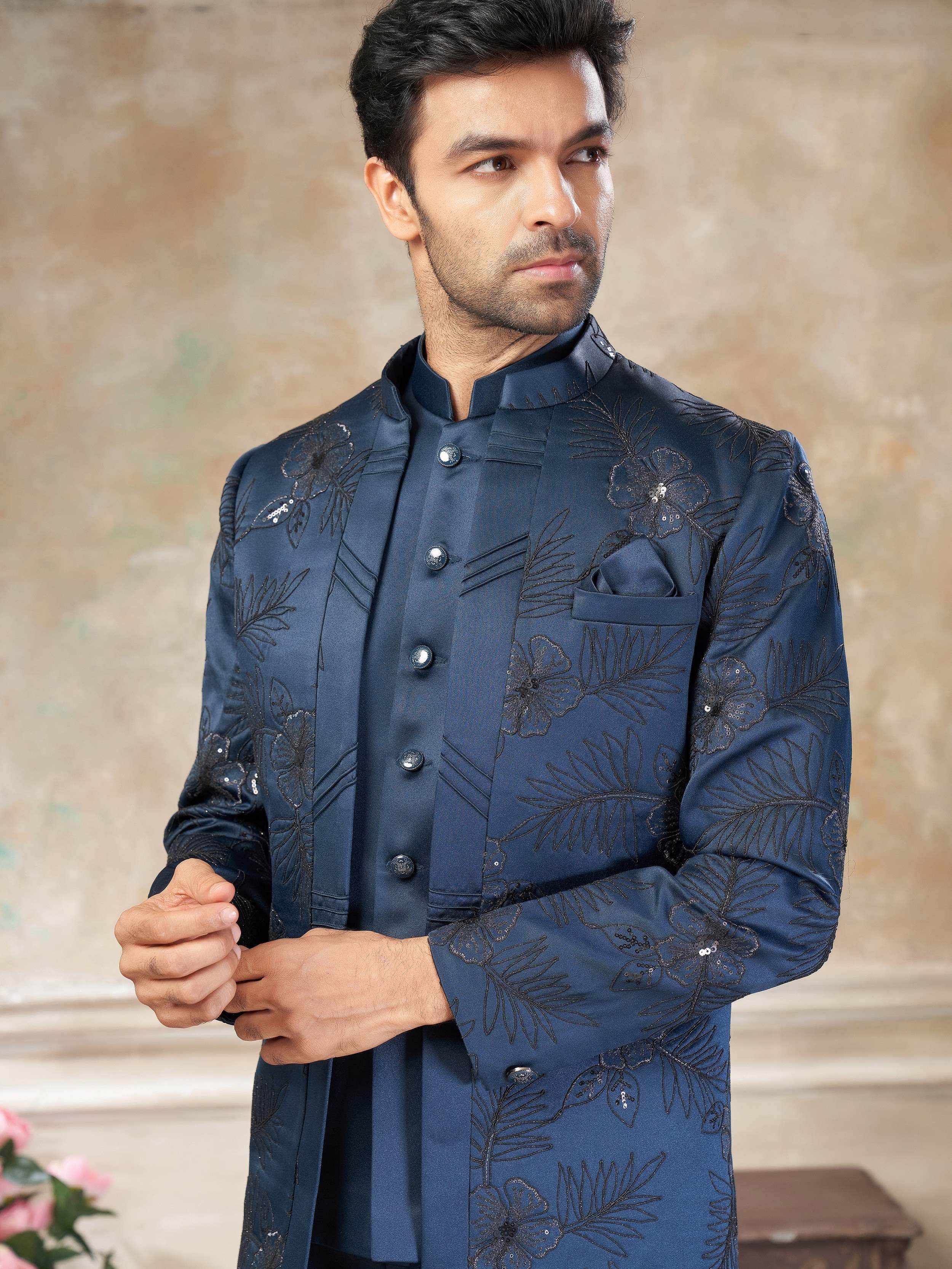 Stylish Blue Embroidered Imported Wedding Wear Jodhpuri Set For Men