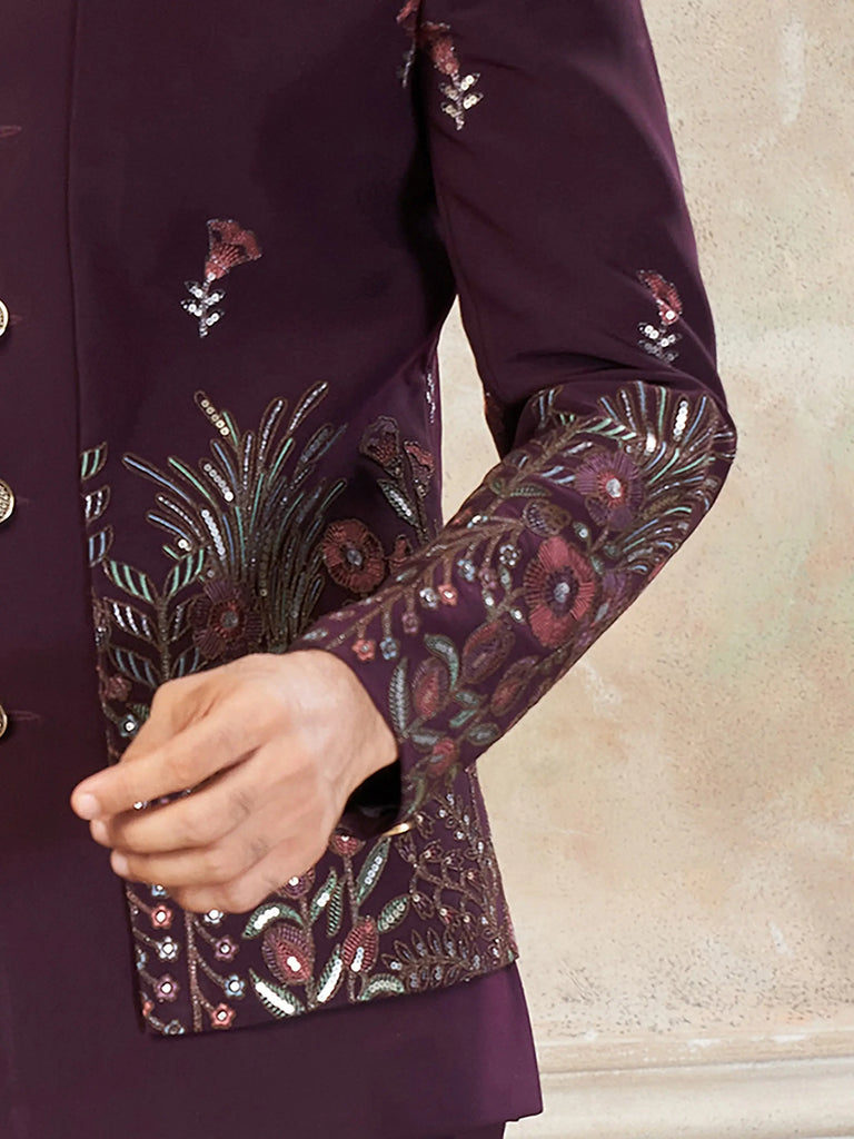 Lovely Wine Embroidered Imported Wedding Wear Jodhpuri Set For Men