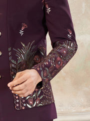 Lovely Wine Embroidered Imported Wedding Wear Jodhpuri Set For Men