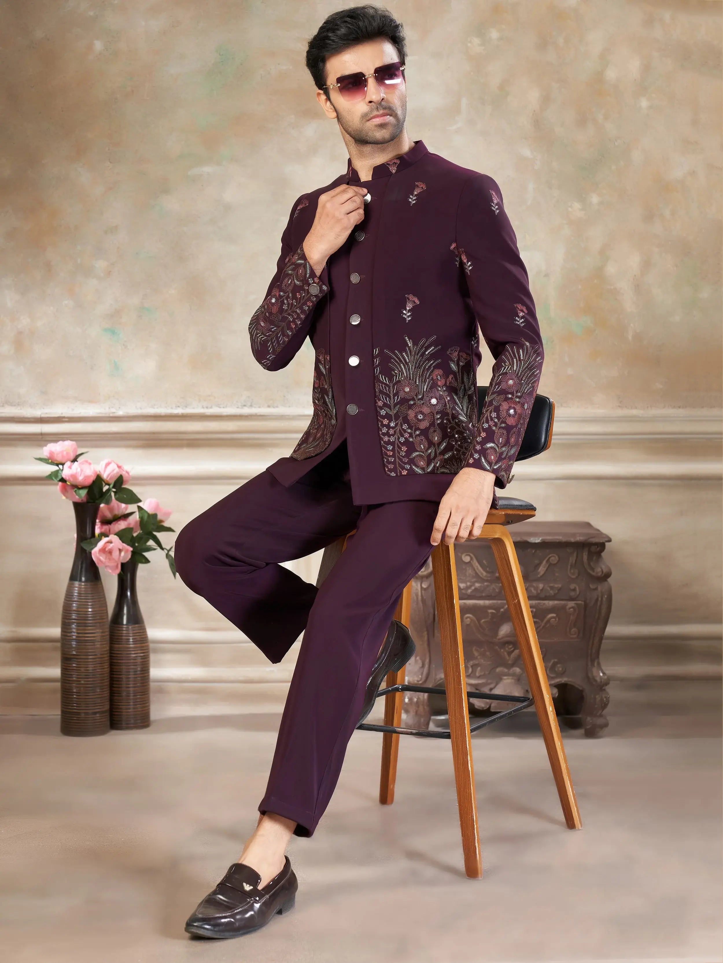 Lovely Wine Embroidered Imported Wedding Wear Jodhpuri Set For Men