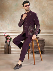 Lovely Wine Embroidered Imported Wedding Wear Jodhpuri Set For Men