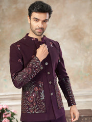 Lovely Wine Embroidered Imported Wedding Wear Jodhpuri Set For Men