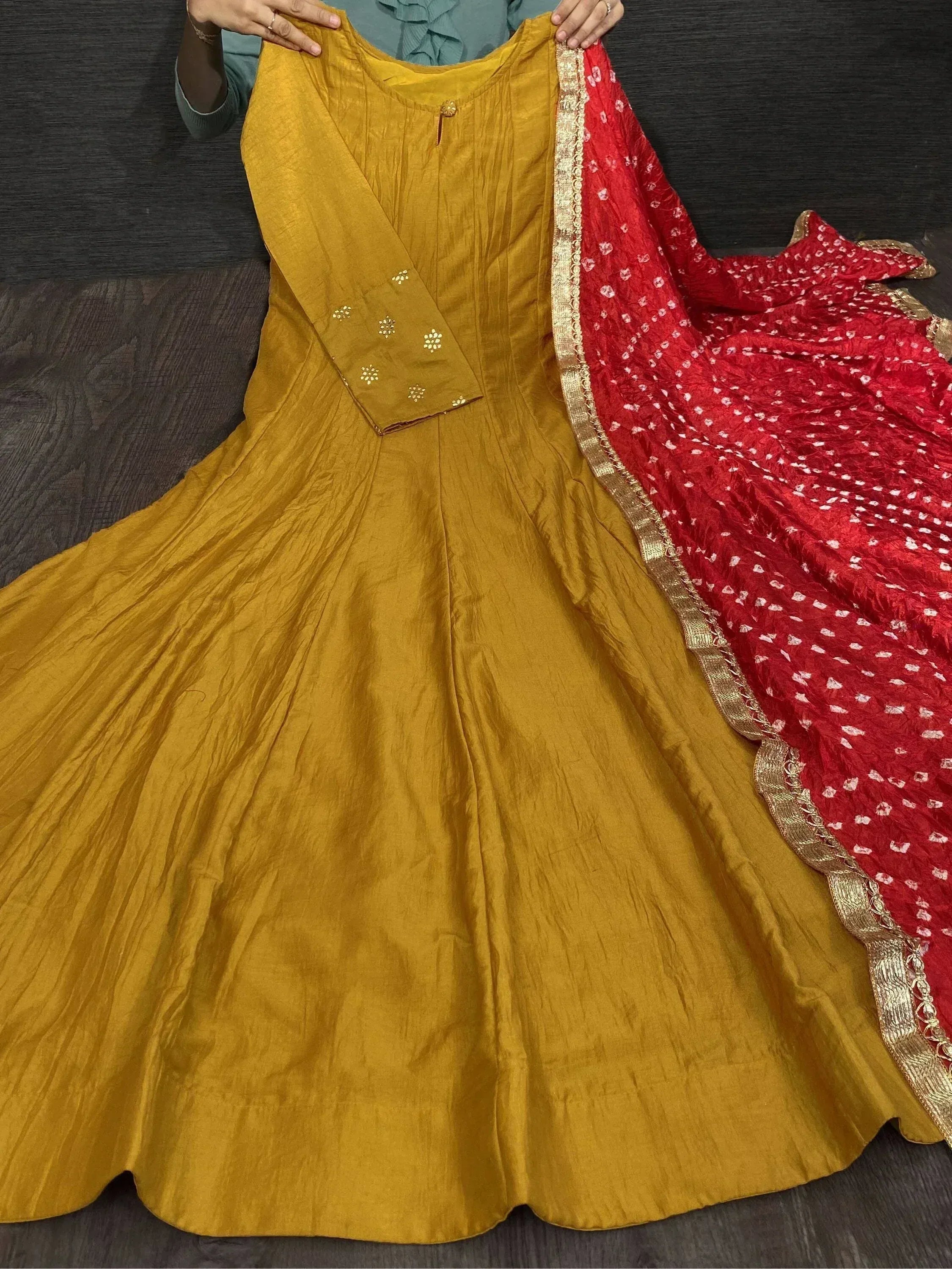 Mustard yellow anarkali with red dupatta, ethnic Indian wear for festive occasions
