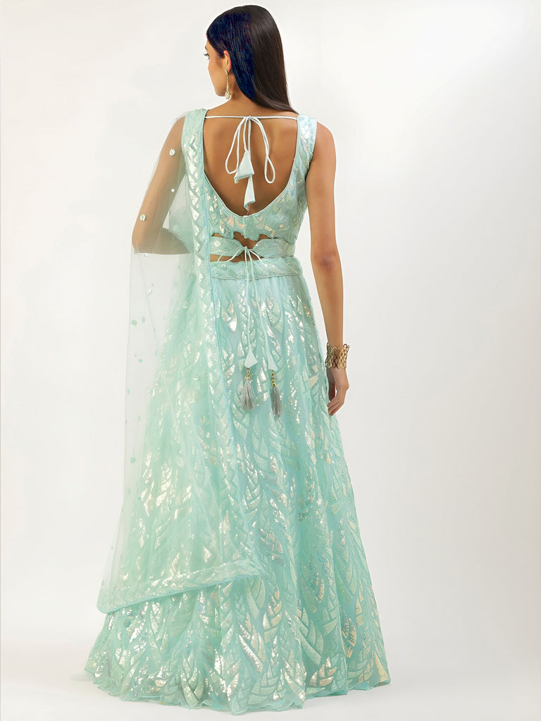 Outstanding Sky Blue Sequins Net Lehenga Choli With Dupatta