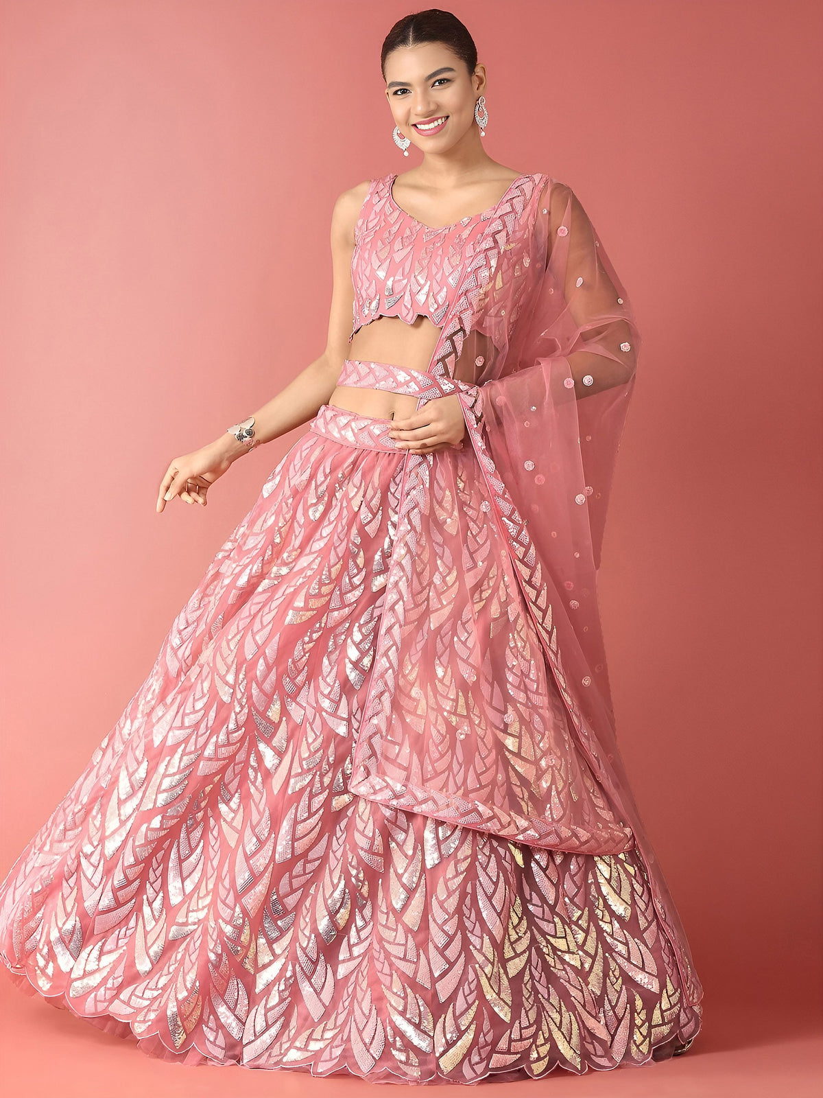 Fantastic Pink Sequins Net Reception Wear Lehenga Choli With Dupatta