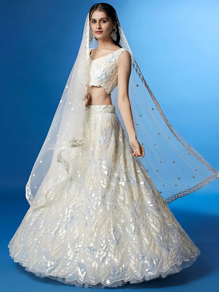 Beautiful Off-White Sequins Net Engagement Wear Lehenga Choli