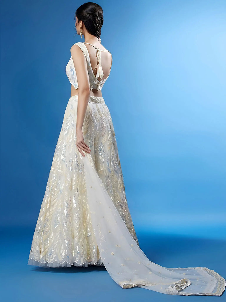 Beautiful Off-White Sequins Net Engagement Wear Lehenga Choli