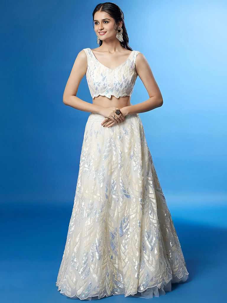 Beautiful Off-White Sequins Net Engagement Wear Lehenga Choli