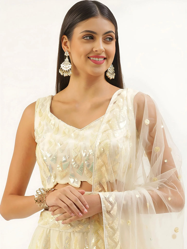 Attractive Beige Sequins Net Wedding Wear Lehenga Choli With Dupatta