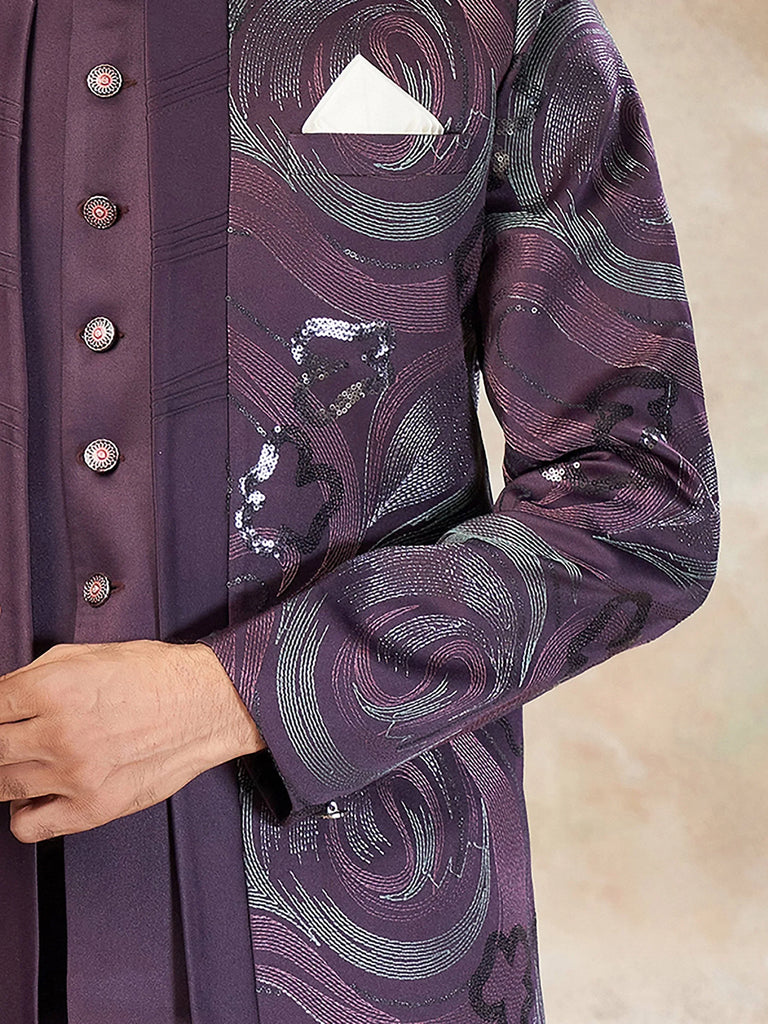 Attractive Purple Sequins Imported Party Wear Jodhpuri Set For Men