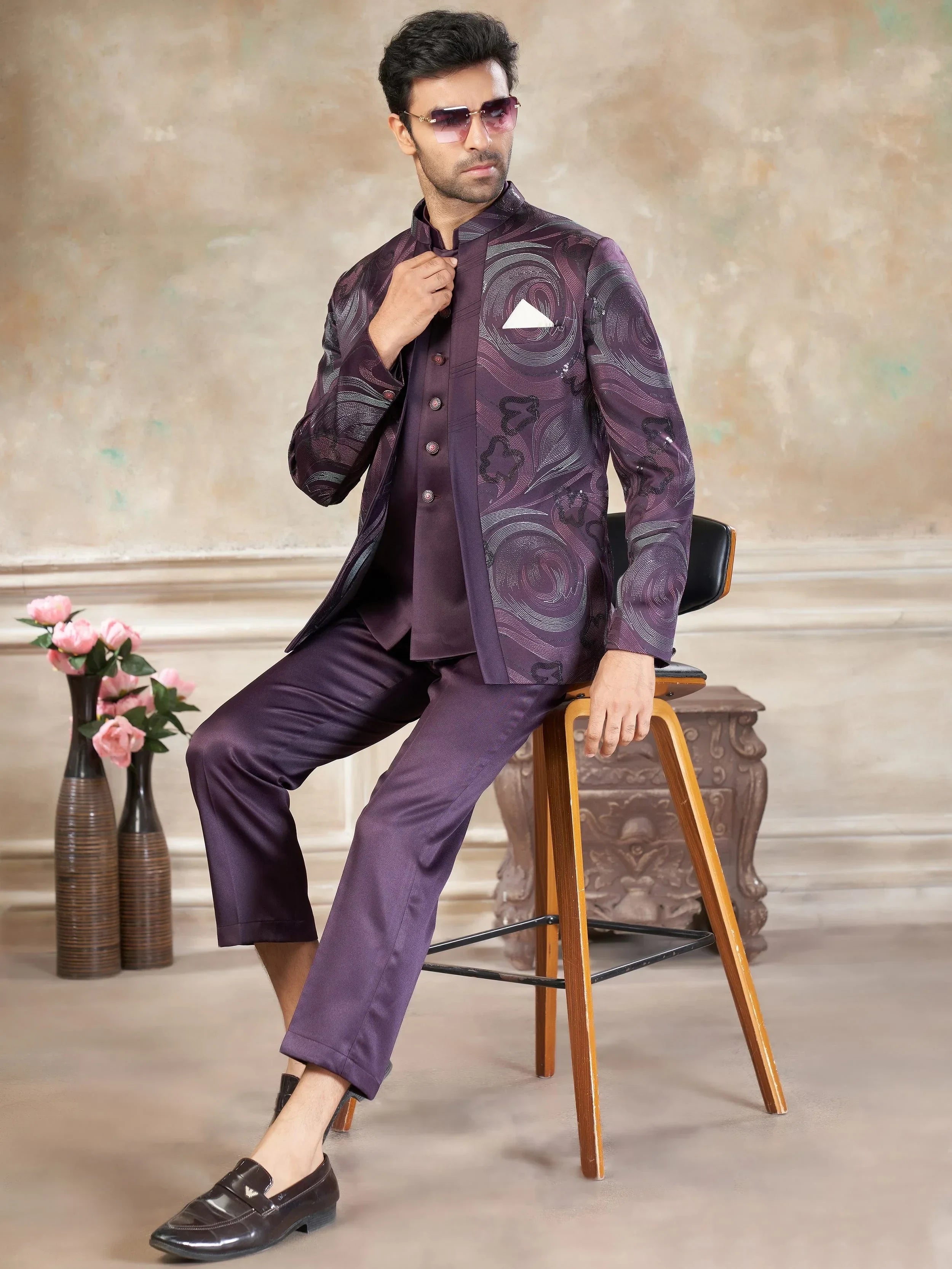 Attractive Purple Sequins Imported Party Wear Jodhpuri Set For Men
