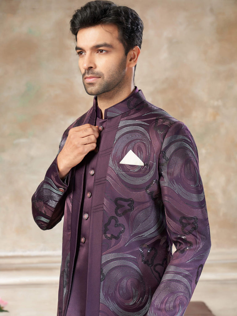 Attractive Purple Sequins Imported Party Wear Jodhpuri Set For Men