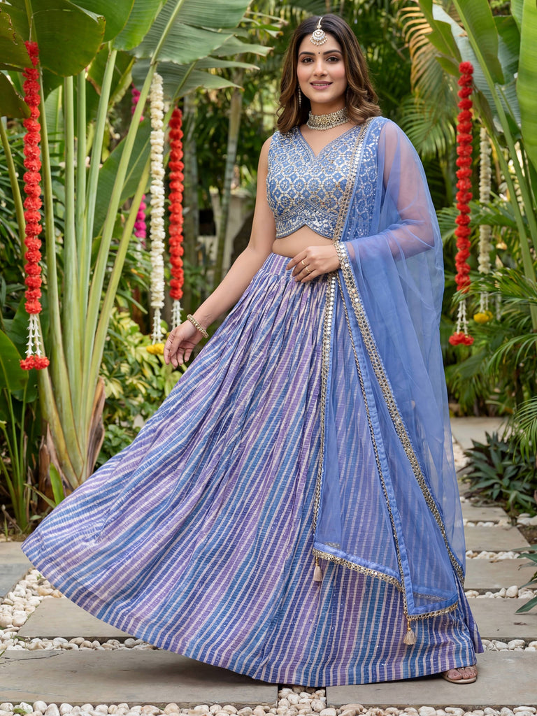 Classic Lavender Laheriya Printed Organza Wedding Wear Lehenga Choli 