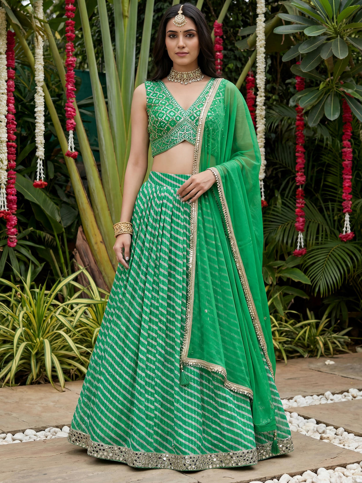 Enchanting Green Digital Printed Organza Festive Wear Lehenga Choli 