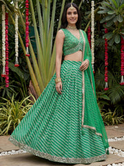 Enchanting Green Digital Printed Organza Festive Wear Lehenga Choli 