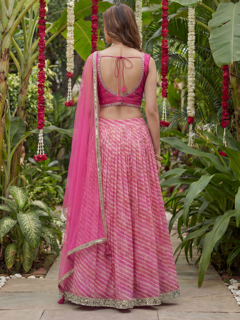 Alluring Pink Laheriya Printed Organza Festive Wear Lehenga Choli 