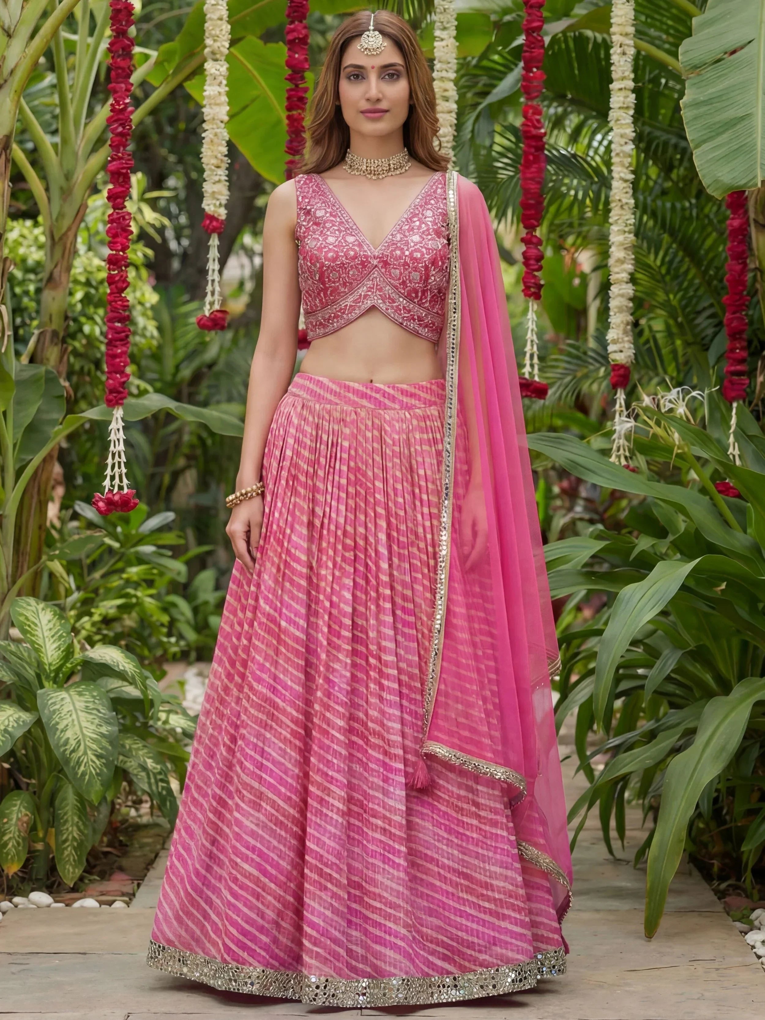 Alluring Pink Laheriya Printed Organza Festive Wear Lehenga Choli 