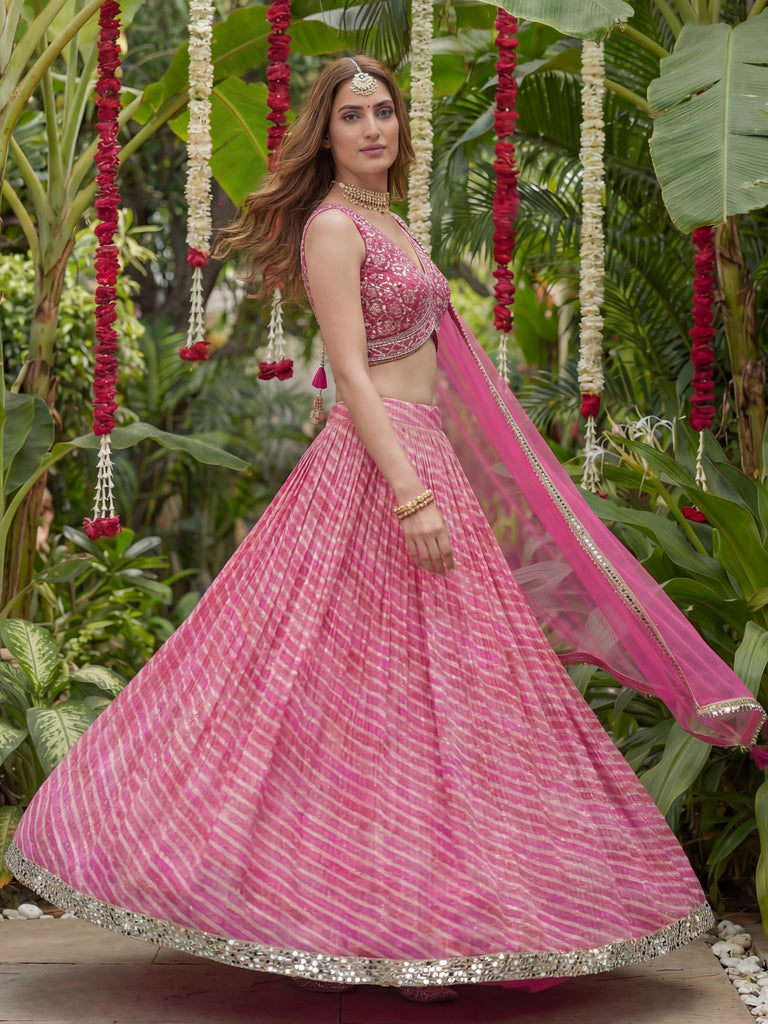 Alluring Pink Laheriya Printed Organza Festive Wear Lehenga Choli 