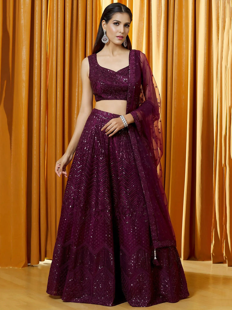 Marvelous Wine Thread Embroidered Net Reception Wear Lehenga Choli