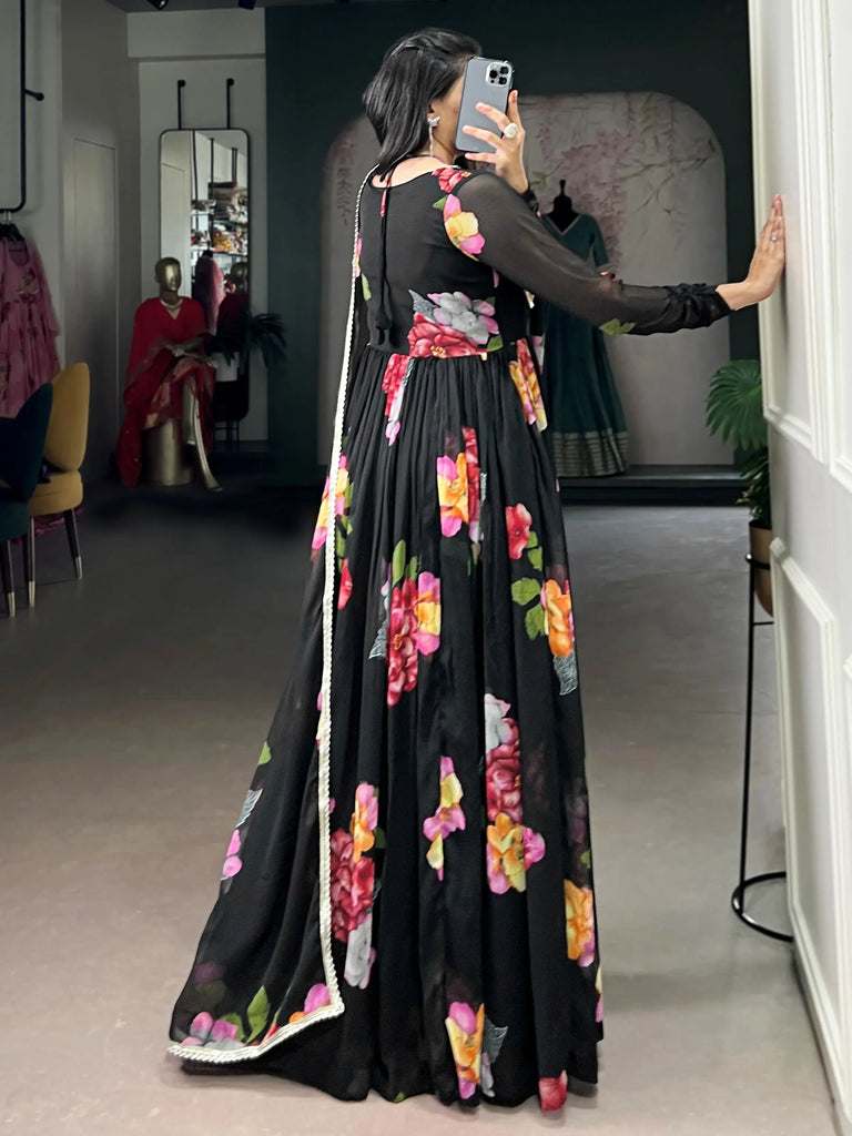 Adorable Black Floral Printed Chiffon Party Wear Gown With Dupatta