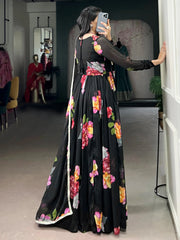 Adorable Black Floral Printed Chiffon Party Wear Gown With Dupatta
