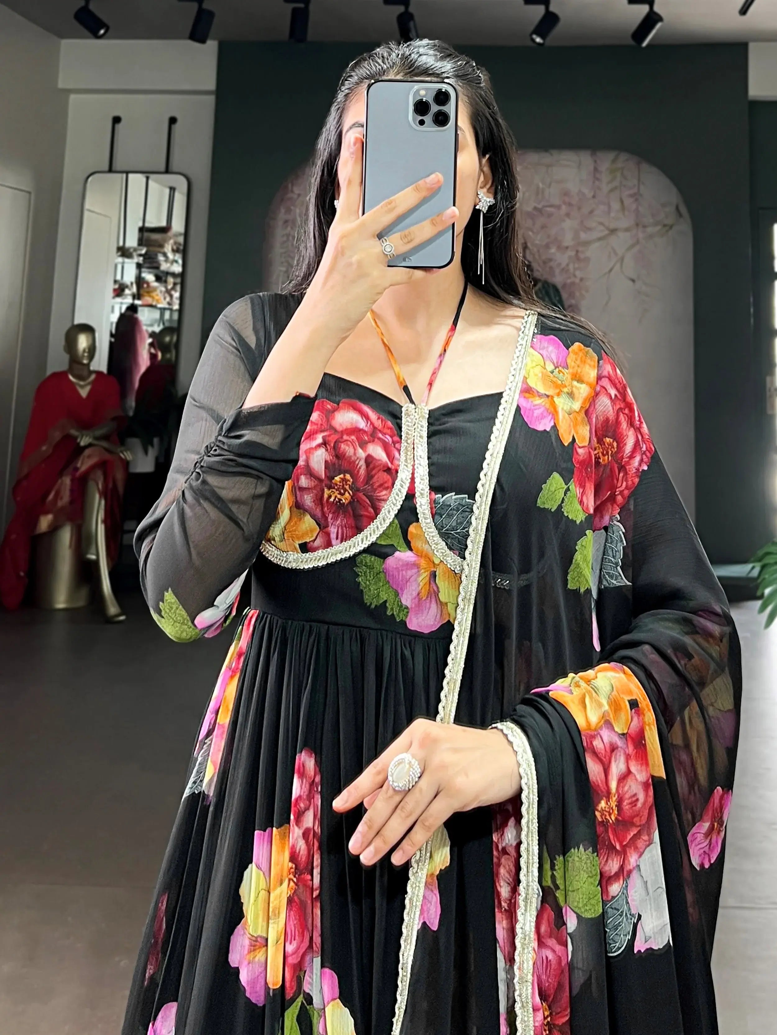 Adorable Black Floral Printed Chiffon Party Wear Gown With Dupatta