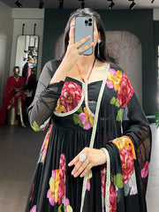 Adorable Black Floral Printed Chiffon Party Wear Gown With Dupatta